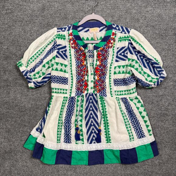 Anthropologie VERB Sz Small Sylvia Babydoll Top Embroidered Green Cotton Blend - Picture 3 of 10